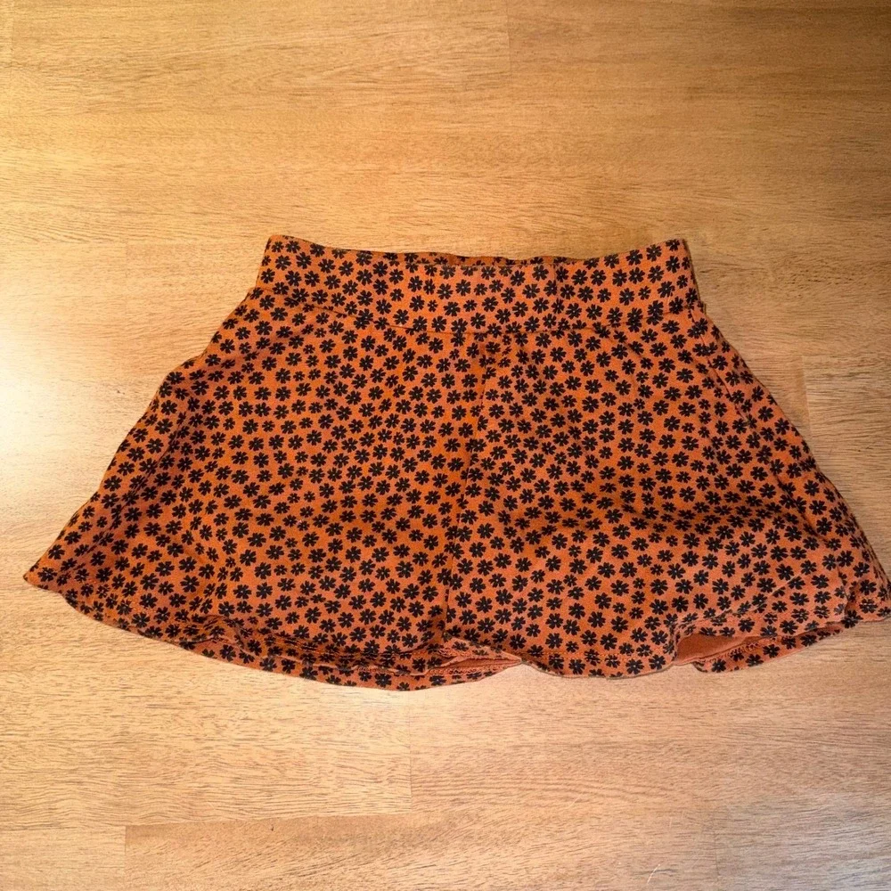 Girls Burnt Orange Black Floral Print 2 Piece Crop Top and Skater Skirt Set